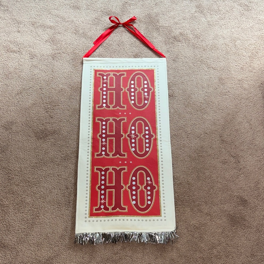 Cheerful Red and White Holiday Wall Hanging with LED lights. Ho ho ho.